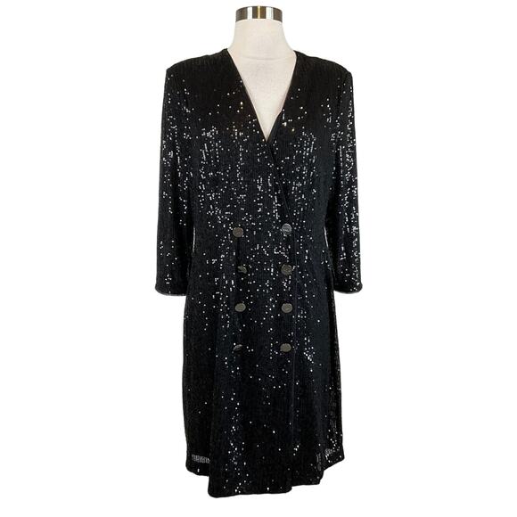 DKNY Women's Cocktail Dress Size 8 Black Sequined Long Sleeve Tuxedo Sheath - Picture 1 of 10